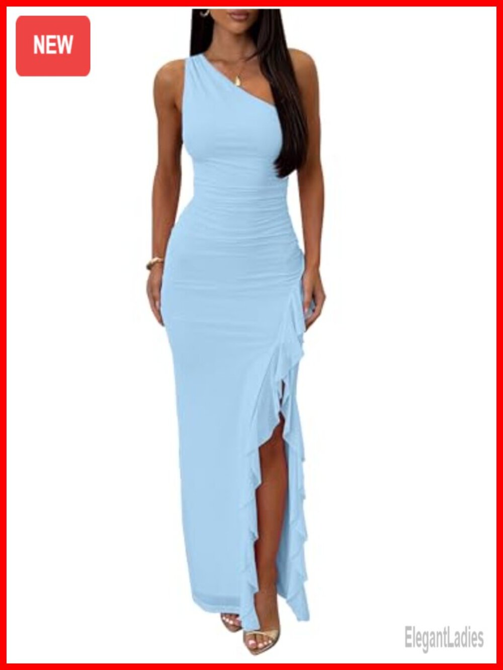 Women's One Shoulder Ruched Mesh Bodycon Maxi Dress Formal Party